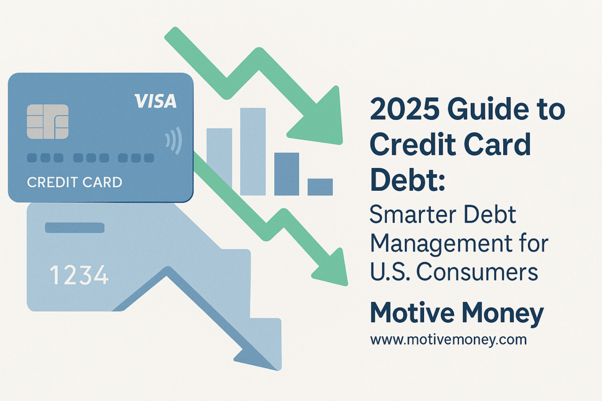 2025 Guide to Credit Card Debt- Smarter Debt Management for U.S. Consumers A digital illustration depicting a credit card with various arrows pointing towards debt reduction strategies, symbolizing effective debt management for U.S. consumers in 2025.