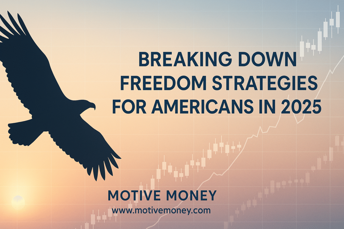 Breaking Down Freedom Strategies for Americans in 2025 A soaring eagle silhouette against a sunrise, with digital financial charts superimposed, symbolizing financial freedom and strategic planning for Americans in 2025.