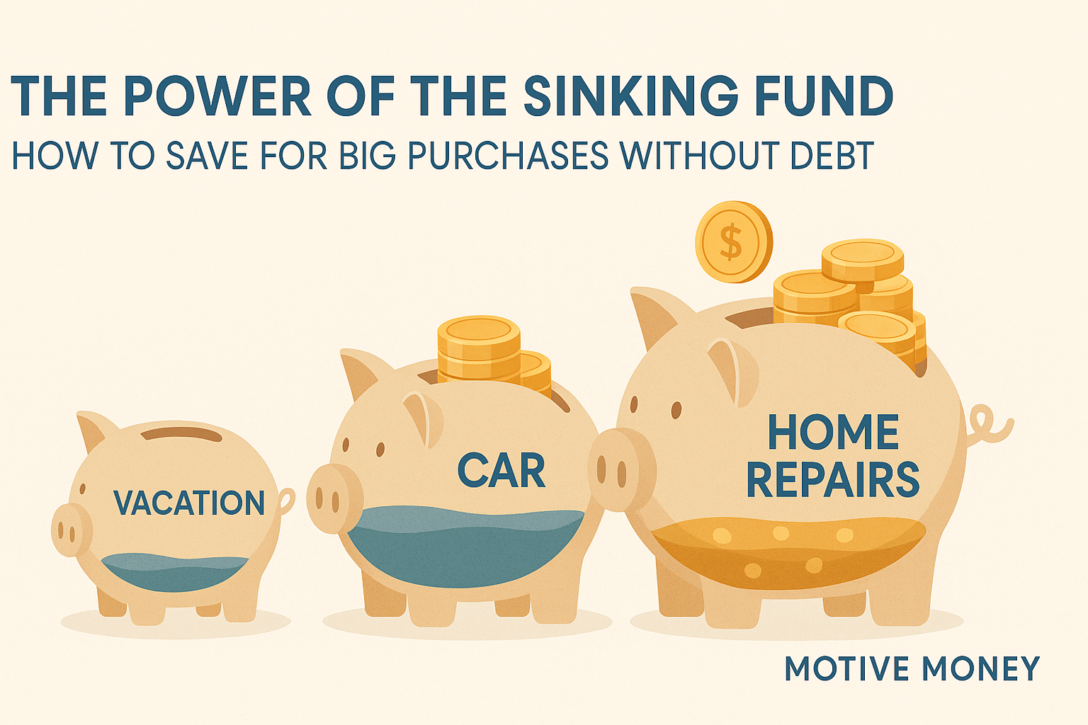 The Power of the Sinking Fund: How to Save for Big Purchases Without Debt small money bags labeled with different saving goals (e.g., vacation, car, home repairs) being filled