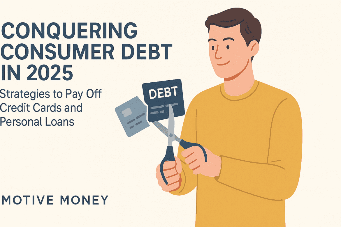 Conquering Consumer Debt in 2025: Strategies to Pay Off Credit Cards and Personal Loans person cutting up credit cards with a confident expression, symbolizing debt freedom