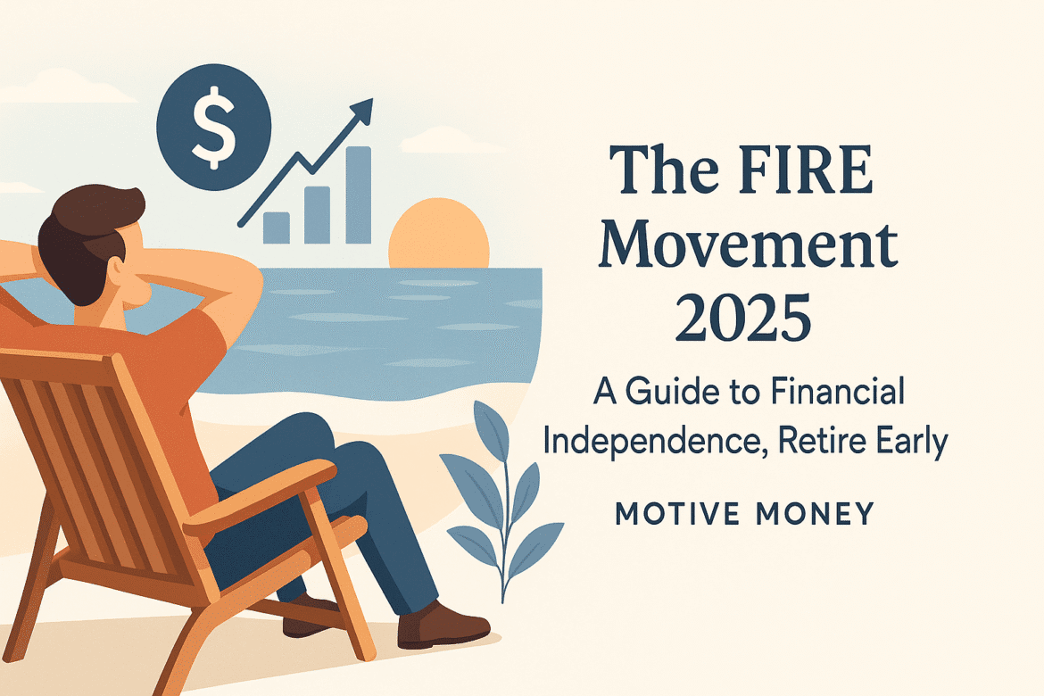 The FIRE Movement 2025: A Guide to Financial Independence, Retire Early person sitting on a beach with a laptop, symbolizing early retirement and financial freedom