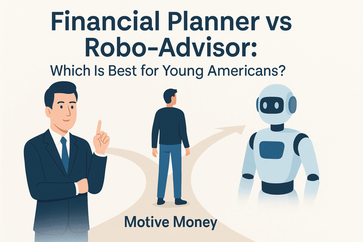 Financial Planner vs Robo-Advisor- Which is Best for Young Americans? two distinct paths converging, one leading to a person shaking hands with an advisor, the other leading to a robot, symbolizing choice between financial help options