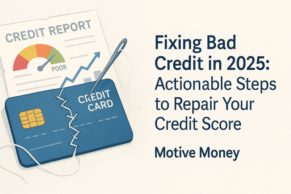 Fixing Bad Credit in 2025- Actionable Steps to Repair Your Credit Score broken credit card being mended with stitches, symbolizing credit repair