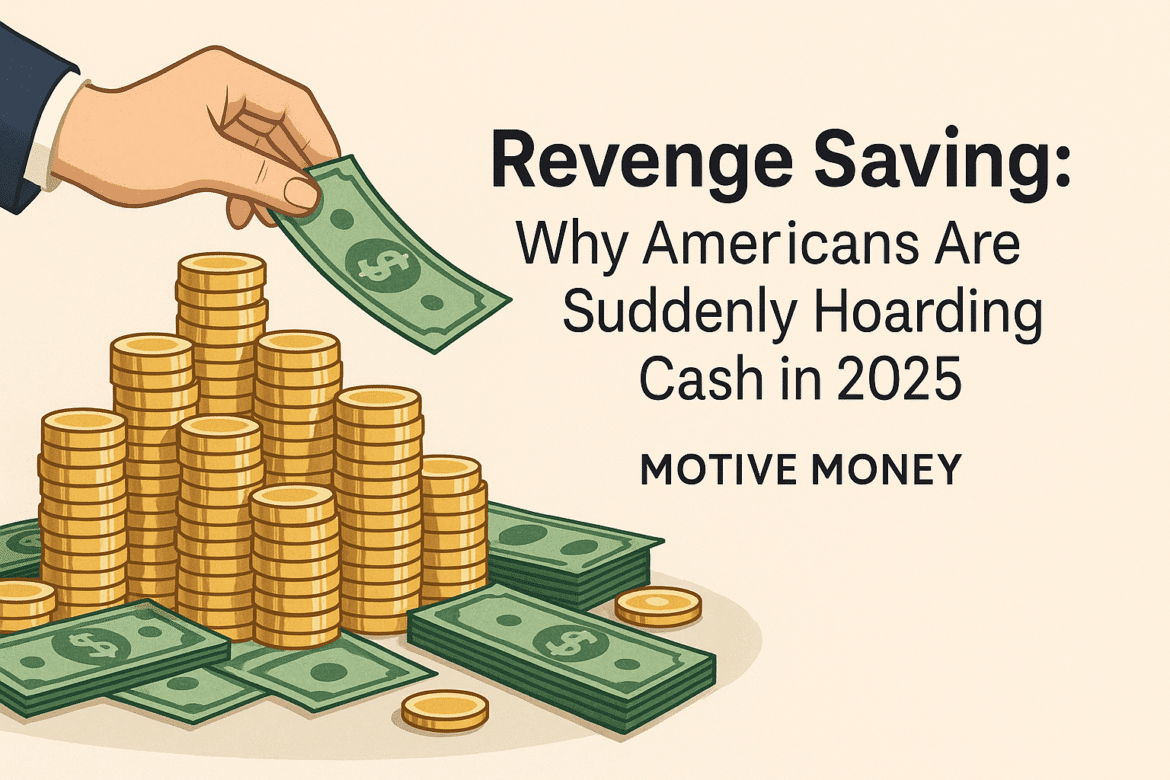 Revenge Saving- Why Americans Are Suddenly Hoarding Cash in 2025 large pile of coins and dollar bills, with a hand placing more cash on top, symbolizing cash hoarding