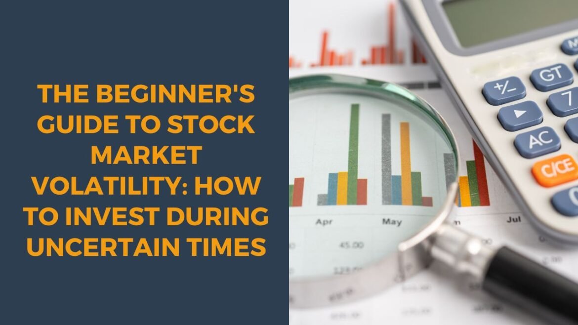 The Beginner’s Guide to Stock Market Volatility- How to Invest During Uncertain Times stock market graph with sharp ups and downs and a hand pointing to long-term growth