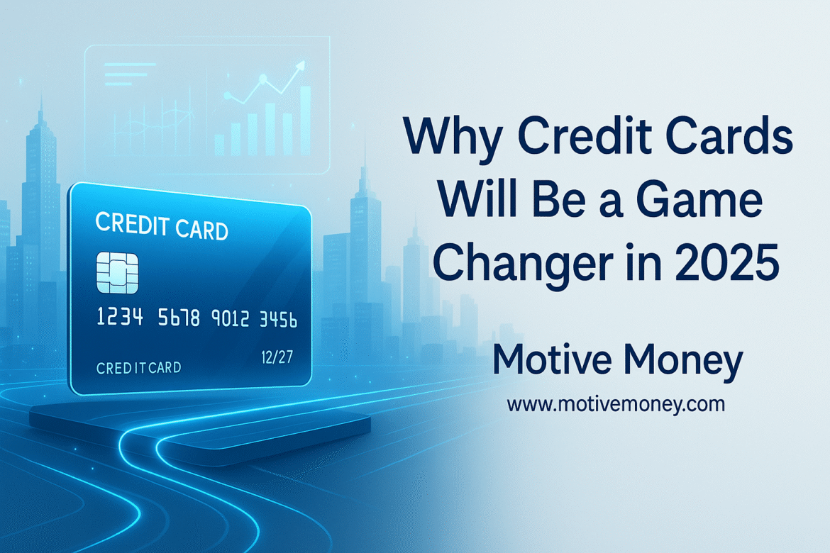 Why Credit Cards Will Be a Game Changer in 2025 A futuristic credit card glowing with digital streams, held against a backdrop of financial charts and city lights, symbolizing innovation and financial empowerment in 2025.